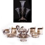 A SMALL QUANTITY OF SILVER PLATED ITEMS To include a four cut glass epergne, teapot, twin handled