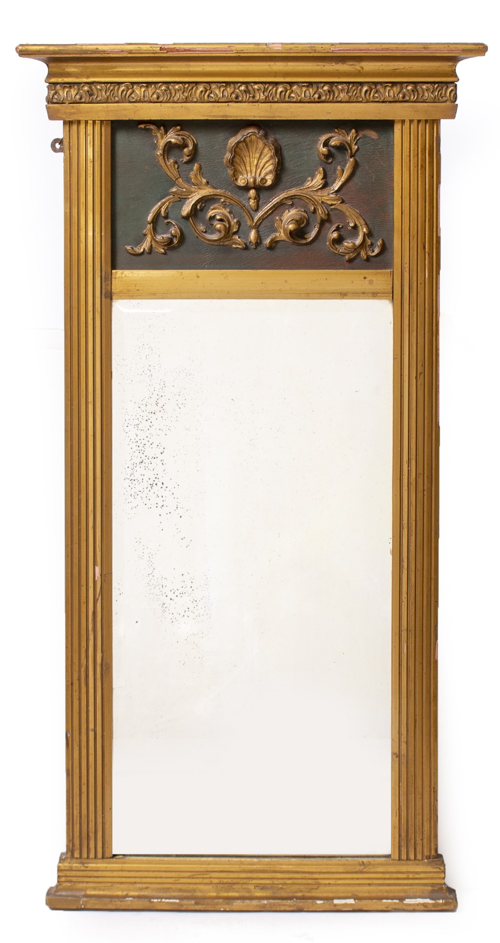 A 19TH CENTURY GILT FRAMED WALL MIRROR with gilded gesso scallop shell and acanthus leaf decoration,
