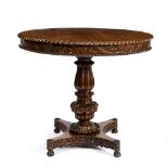 A ROSEWOOD CENTRE TABLE with a carved column support and four feet, 90cm diameter x 82cm high