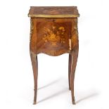 A LATE 19TH CENTURY CONTINENTAL WALNUT AND SATINWOOD MARQUETRY BEDSIDE CABINET with gilt mounts