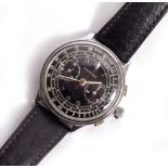 A SWISS LANCET STEEL CASED THREE BUTTON CHRONOGRAPH WRIST WATCH with red centre sweep second hand,