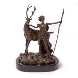 AFTER RANCOULET a bronze figure of Diana the Huntress and a stag, the naturalistic base stamped '
