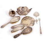 A SMALL GROUP OF SILVER AND WHITE METAL To include a teaset, silver backed brushes and hand