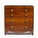 A REGENCY MAHOGANY SMALL SIZE CHEST OF TWO SHORT AND THREE LONG DRAWERS with pressed brass knob