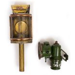 A GWR BRASS BOW FRONTED STATION LAMP 39cm together with a carbide motor cycle lamp