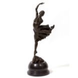 A BRONZE FIGURE OF A BALLERINA in dancing pose, on a domed plinth base, 46.5cm high overall