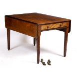 A 19TH CENTURY MAHOGANY DROP LEAF TABLE with ruled hinge to the flaps and end drawer with a enamel