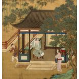 Ming style silk study Chinese domestic scene, watercolours 28cm x 28cm