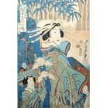 Utagawa Kunisada III Japanese Beauty, woodblock 35cm x 22.5cm and one other woodblock, 19cm x 25cm