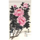 Chinese school 20th Century wash study of peonies with inscription, signed, unframed 66cm x 34cm and