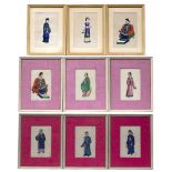 Nine rice paper pictures Chinese, depicting various figures including several in court dresses (9)