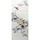 Scroll Chinese watercolour and gouache wash depicting birds and blossom, inscribed and signed with