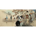 Miyagawa Shuntei Japanese, late 19th Century "October" triptych, woodblock print, inscription and