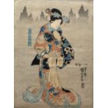 Utagawa Kuniyoshi Japanese, mid 19th century "Shizuka Gozen" and "Tadanobu Aoi", woodblock prints