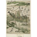 Nishikawa Sukenobu Japanese, 18th Century landscape with sailing ship, woodblock print 22cmx 15cm