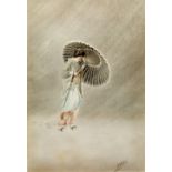 Tani (Japanese early 20th Century) watercolour of a girl holding a parasol in inclement weather,