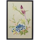 Three drawings on silk Chinese, 20th Century watercolours, each depicting birds and flowers together