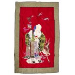 Large embroidered panel of Shulao Chinese the standing figure set on a silk red ground overall