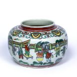 Famille verte jar Chinese decorated with boys in a pagoda playing various games, with painted mark