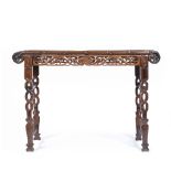 Hardwood altar table Chinese, late 19th Century with fruit and bamboo frieze 138cm across x 42cm