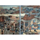 Woodblock print Japanese, 19th/20th century village scene with Samurai, two sheet woodblock print