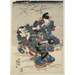 Utagawa Kunisada Japanese, 19th Century Women and children playing in snow, woodblock print 37cm x