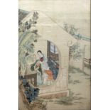 Silk study Chinese, 19th Century domestic scene, watercolours 72cm x 47cm