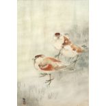 Ohara Koson (1877-1945) woodblock - three sparrows in a rain shower 34cm x 18.5cm and one other