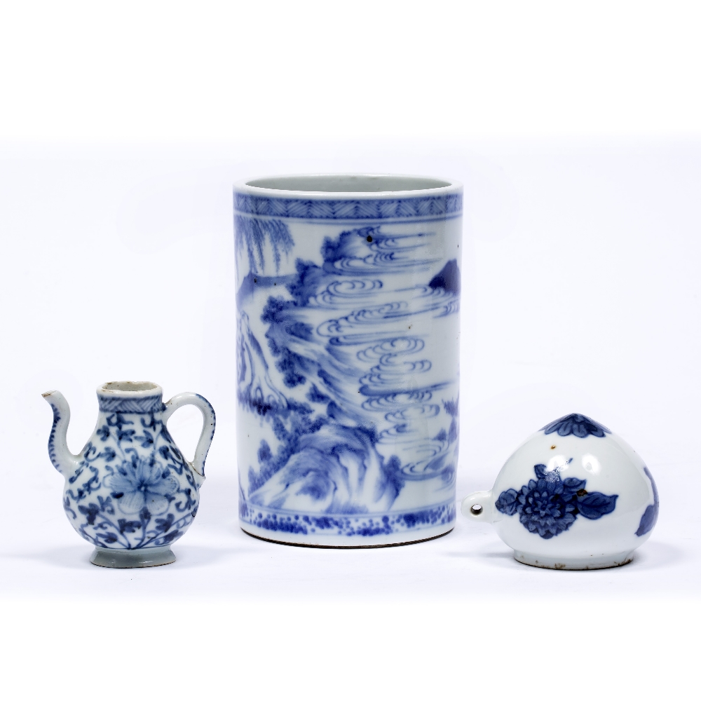 Blue and white bird feeder Chinese, circa 1900 7cm miniature blue and white ewer, 6.5cm and a