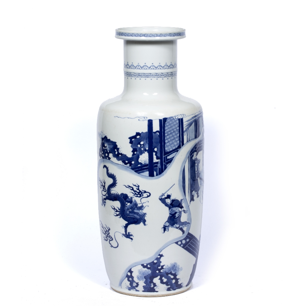 Blue and white rouleau vase Chinese, depicting a figure fighting a dragon, and the - Image 2 of 2