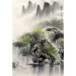 Chinese school 20th Century four wash studies to include fishing scenes x 3, snow swept scene,