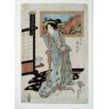 Keisai Eisen Japanese, circa 1830 three full length portraits of women including "The Ebiya at