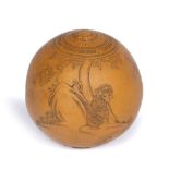 Inscribed large nut Chinese, early 20th Century depicting monkey beneath tree with poem/