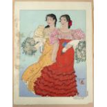 Paul Jacoulet (French 1902-1960) "Chamorros de Guam", colour woodblock print, pencil signed with