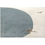 Japanese School watercolour study of storks in flight, signed 24cm x 36cm