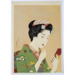 Hashiguchi Goyo Japanese, c1920 girl holding lipstick, woodblock print with pearlescent finish