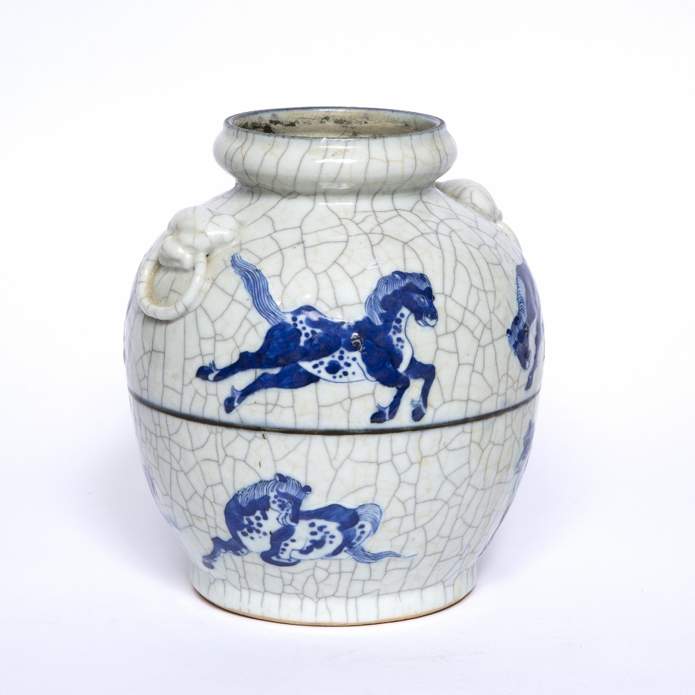 Blue and white crackleware vase Chinese depicting horses in a higher and lower band with two