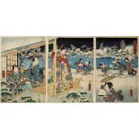 Utagawa Kunisada Japanese, c1950 triptych depicting a snow scene, woodblock print each section