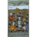 Persian miniature 18th/19th Century various figures in a garden setting, inscription, gouache 28cm x