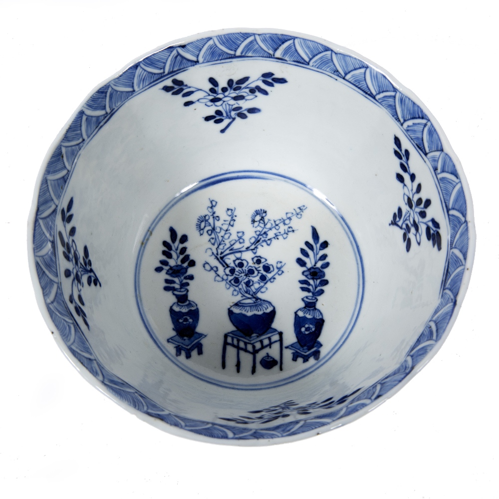 Blue and white porcelain bowl Chinese, 19th Century with panels of mountain landscape and vases of - Image 2 of 4