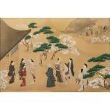 Watercolour on silk Japanese, 19th/20th Century Garden scene with Geisha 43cm x 30cm