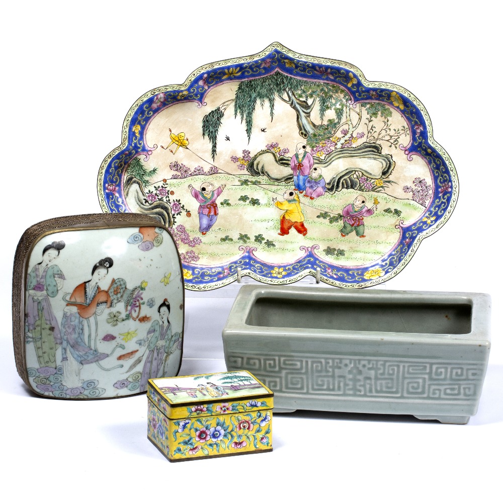 Celadon rectangular jardiniere Chinese in the Ming style,23.5cm across an enamel shaped tray 33cm, a