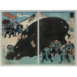 Utagawa Yoshimori Japanese, c1860 Lord Yoritomo hunting at Mount Fuji, diptych, woodblock print 47cm