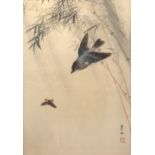 Japanese school watercolour on silk, butterfly being approached by sparrow, signed with red seal
