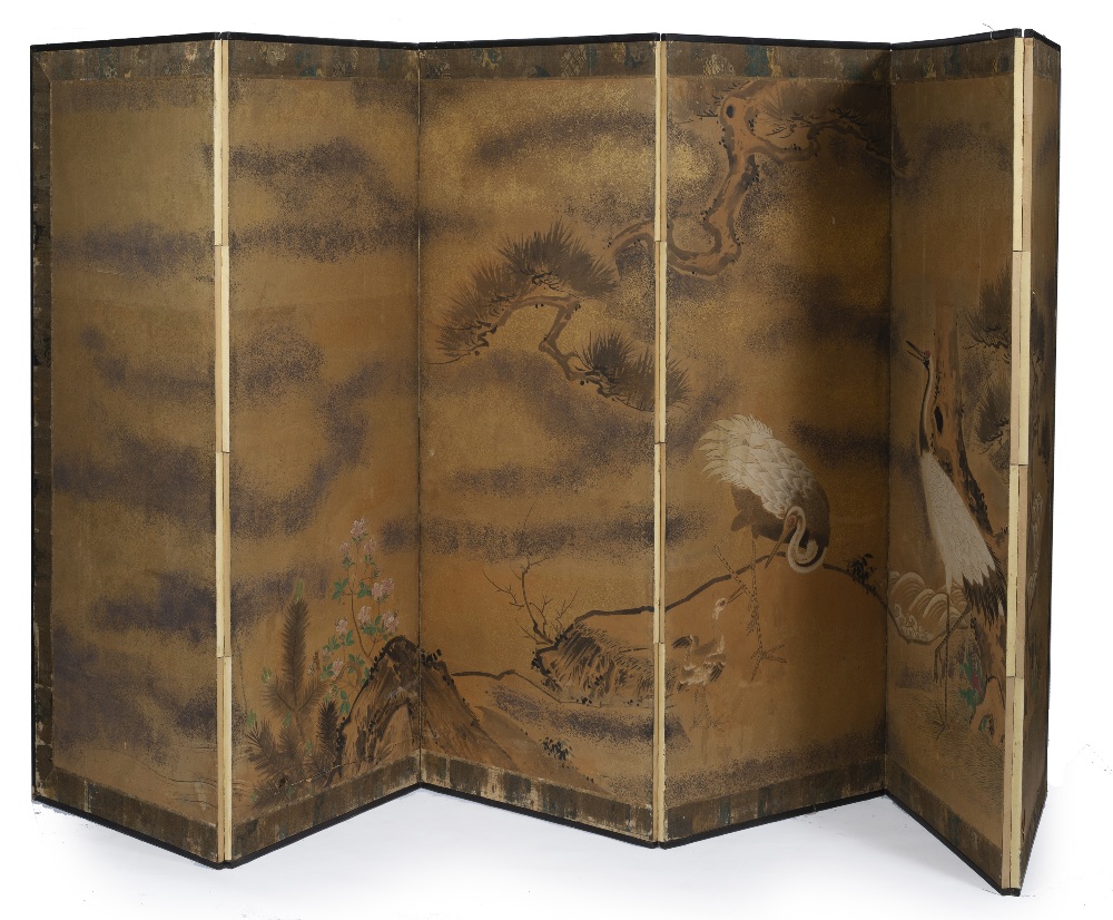 Japanese six panel screen Meiji (1868-1912), ink, colour and gold leaf on paper, with two cranes - Image 2 of 2