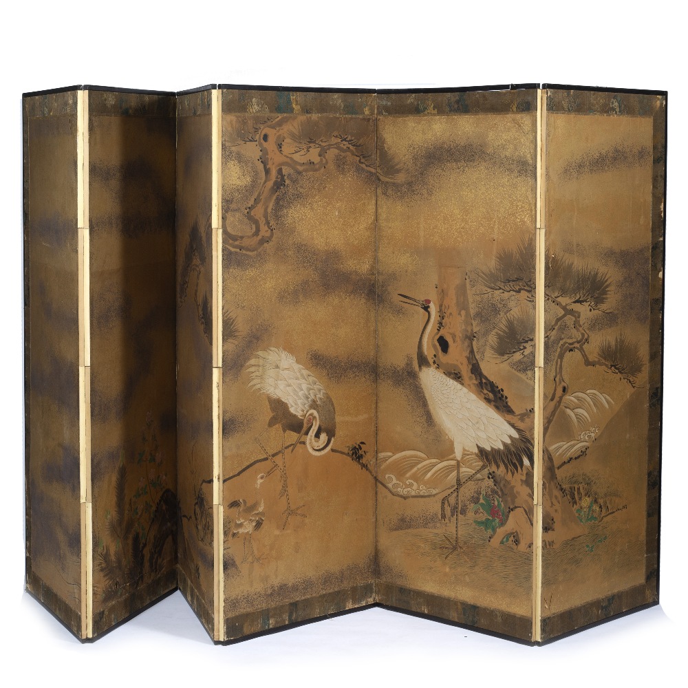Japanese six panel screen Meiji (1868-1912), ink, colour and gold leaf on paper, with two cranes