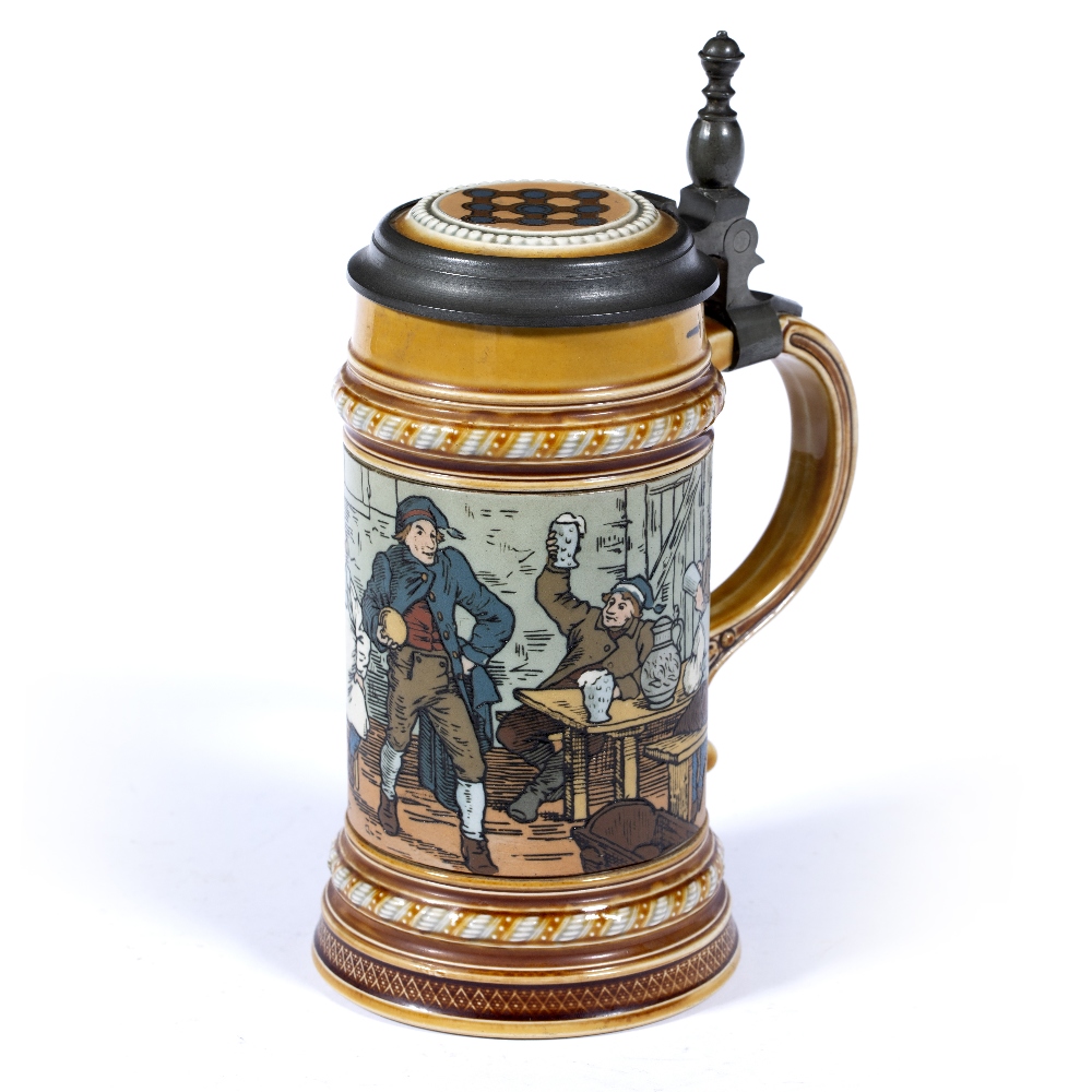 Mettlach tankard stoneware with incised tavern scene with pewter mount, 22cm high