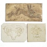 Fine Art Tile (British 20th Century) Three ceramic tiles moulded with a hare, rams head and