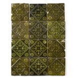 Minton Pottery Twelve ceramic tiles flower and geometric design, green glaze factory marks to back