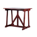 Pugin style Red painted oak table carved legs and supports, pegged construction 92cm x 61cm,
